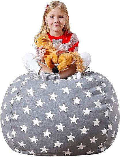 Aubliss Stuffed Animal Bean Bag Storage Chair, Beanbag Covers Only for Organizing Plush Toys, Turns into Bean Bag Seat for Kids When Filled, Large 38"-Canvas Stars Grey