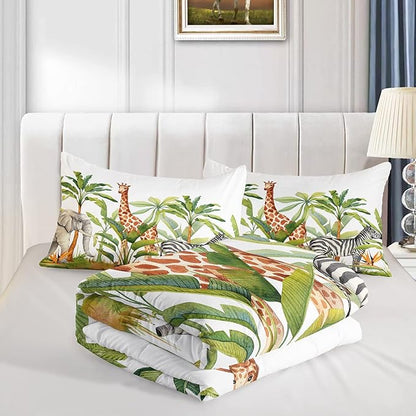 Wild Animal Comforter Queen Size,Elephant Giraffe Zebra Kids Comforter Set,3Pcs Bedding Set Printed Comforter with 2 Pillowcases,Down Alternative,Soft and Lightweight,for All Seasons