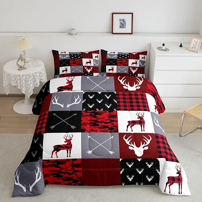 Deer Silhouette Comforter Set Twin Size,Antler Arrow Grid Stripe Design Bedding Duvet 2pcs for Kids Teens Adult Boys Girls Home Room Decoration, Camouflage Christmas Style Red Quilt Set