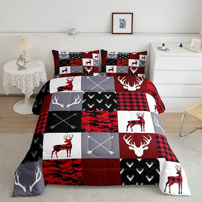 Deer Silhouette Comforter Set Full Size,Antler Arrow Grid Stripe Design Bedding Duvet 3pcs for Kids Teens Adult Boys Girls Home Room Decoration, Camouflage Christmas Style Red Quilt Set