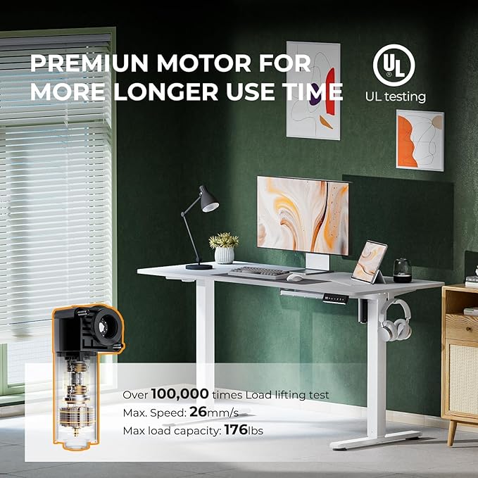 Electric Standing Desk,Adjustable Height Desk With Curved Desktop, Stand Up Desk With 2 Metal Hooks & Cable Organizer Box, Powerful Motor For Fast Switch From Sit To Stand Position 55x24 White