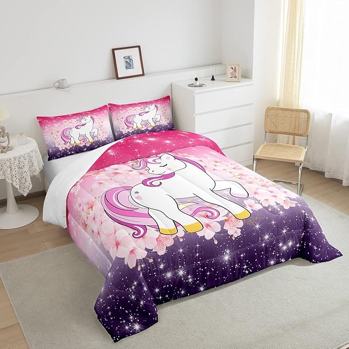 Unicorn Comforter Set Full Glitter Bedding Set Cherry Blossoms Duvet Insert Kids Cartoon Kawaii Animal Down Comforter Ombre Galaxy Stars Fantasy Girls Room Decor Quilt Set Aesthetic Pink Purple