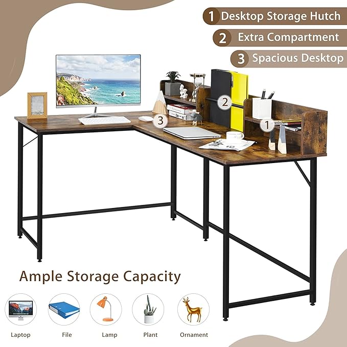 LUARANE 65.5 Inches L-Shaped Desk, Industrial Computer Desk with Hutch File Rack, Space Saving Corner Desk with Metal Frame, Computer Workstation for Home Office (Coffee)
