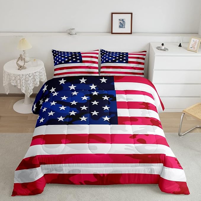 Feelyou American Flag Bedding Set Camouflage USA Flag Comforter Set Army Camo Flag Comforter Blue Red White Stars Comforter for All Season Room Decor King Size Boys