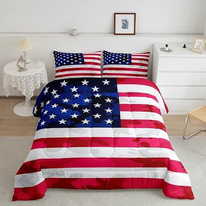 Feelyou American Flag Bedding Set Camouflage USA Flag Comforter Set Army Camo Flag Comforter Blue Red White Stars Comforter for All Season Room Decor King Size Boys