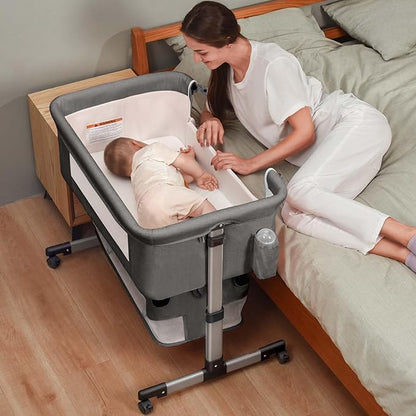 Bedside Crib,3 in 1 Baby Crib Adjustable Portable Bed for Infant,Baby Bassinet with Mosquito net Baby Newborn Must Have Bed,Grey