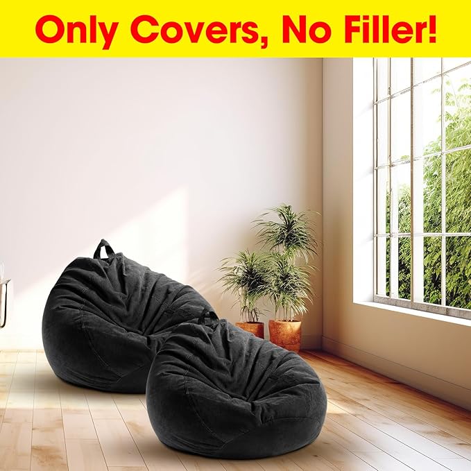 2 Pcs Bean Bag Cover Stuffed Animal Storage Bean Bag Chair Cover Soft Corduroy Stuffed Animal Bean Bag Storage for Kids Adults Indoor Bedroom Organizing Plush Toys(Black, 200L)