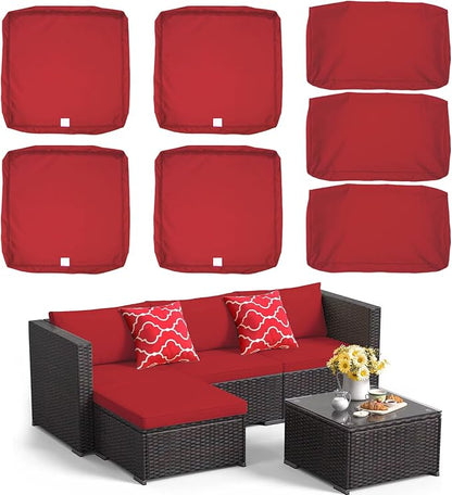 ClawsCover 7Pack Outdoor Seat and Back Cushions Replacement Covers Fit for 3/5 Pieces 4-Seater Wicker Rattan Patio Furniture Conversation Set Sectional Couch,Red-Small (Include Cover Only)