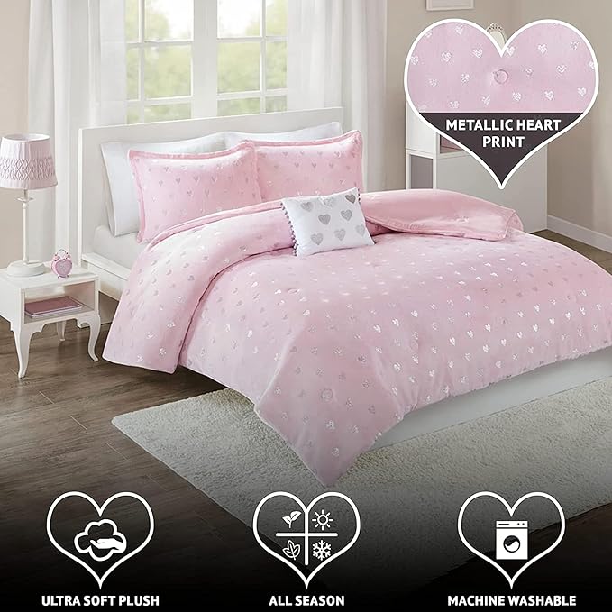 Mi Zone Rosalie Comforter Set for Girls, Ultra-Soft Microlight Plush Metallic Printed Hearts Brushed Reverse Overfilled Down Alternative Hypoallergenic All Season, , Full/Queen, Pink/Silver, 4 Piece