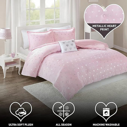 Mi Zone Rosalie Comforter Set for Girls, Ultra-Soft Microlight Plush Metallic Printed Hearts Brushed Reverse Overfilled Down Alternative Hypoallergenic All Season, , Full/Queen, Pink/Silver, 4 Piece