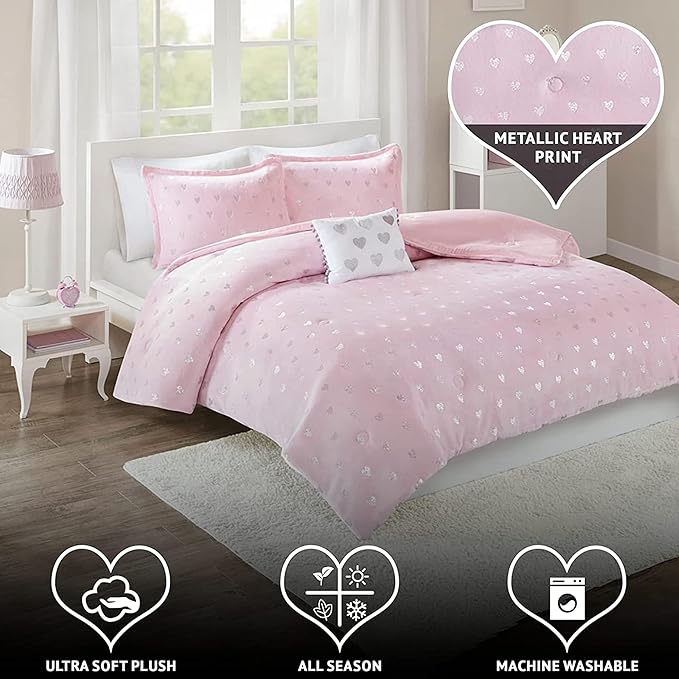 Mi Zone Rosalie Comforter Set for Girls, Ultra-Soft Microlight Plush Metallic Printed Hearts Brushed Reverse Overfilled Down Alternative Hypoallergenic All Season, Twin/Twin XL, Pink/Silver, 3 Piece