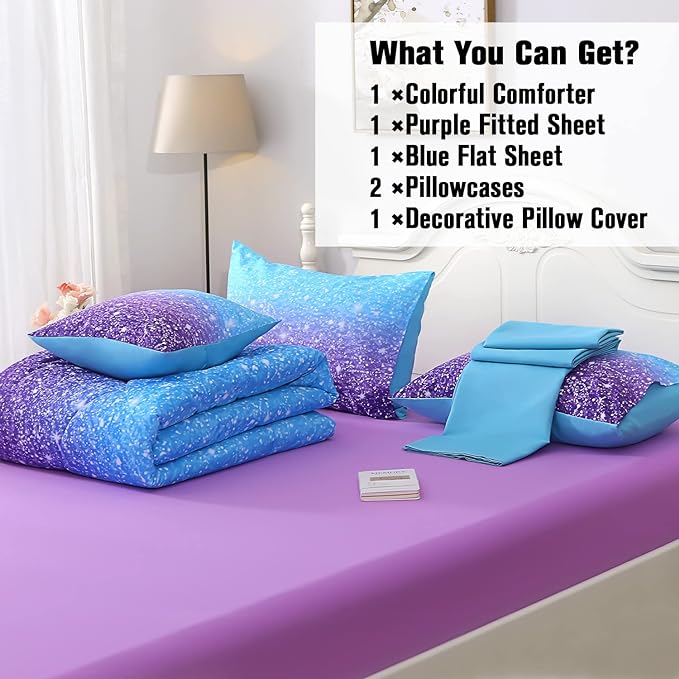 JQinHome Queen Blue Purple Comforter Set, 6 Piece Bed in A Bag 3D Colorful Ombre Bedding Set for Girls Women (1 Comforter,2 Pillowcases,1 Flat Sheet,1 Fitted Sheet,1 Cushion Cover)(Blue Purple)