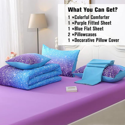 JQinHome Full Blue Purple Comforter Set, 6 Piece Bed in A Bag 3D Colorful Ombre Bedding Set for Girls Women (1 Comforter,2 Pillowcases,1 Flat Sheet,1 Fitted Sheet,1 Cushion Cover)(Blue Purple)