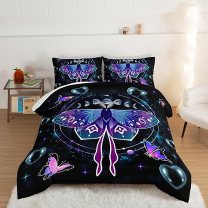 HOSIMA Butterfly Comforter Set with 2 Pillowcases,Moon Starry Sky Galaxy Comforter Butterfly Room Decor Aesthetics,Blue Heart -Shaped Bubble Twin Bed in A Bag Sets for Adults Kids Black Comforter.