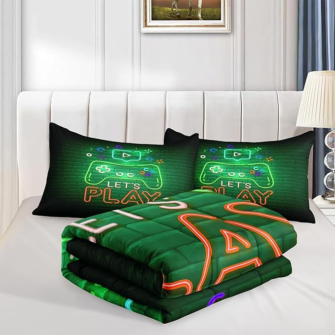 Boys Gamer Comforter Sets,6 PCS Gaming Bedding Set for Boys,Kids Comforter Sets for Boys,Twin Comforter Sets for Boys,Bed in A Bag with Sheets(Twin,Green Color)