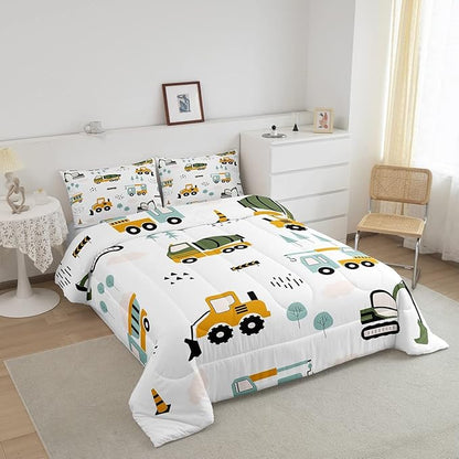 Feelyou Excavator Kids Comforter Construction Trucks Comforter Set for Boys Teens Heavy Vehicles Decor Bedding Set Cartoon Cars Green Orange Quilt Set with 2 Pillowcases 3Pcs Bedding King