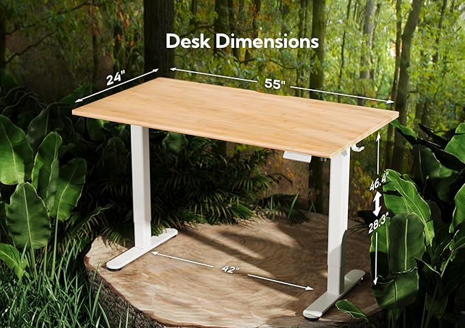 Bamboo Electric Standing Desk, 55x24 Inches Adjustable Height Stand up Desk with Whole Piece Desktop, Sit Stand Home Office Desk White Frame/Bamboo Top