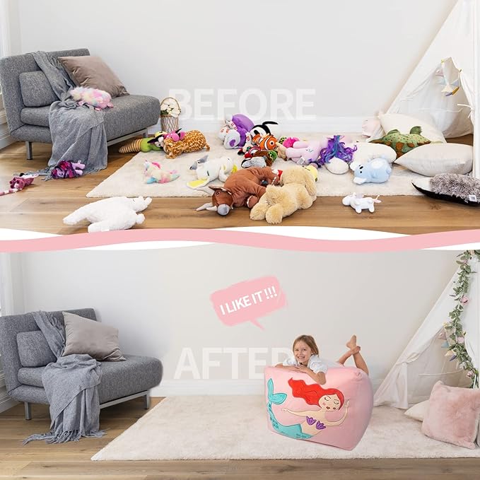 Aubliss Unicorn Stuffed Animal Storage Bean Bag Chair for Kids, Velvet Extra Soft Beanbag Chairs Cover, X-Large Stuffable Zipper Bean Bag for Organizing Plush Toys Girls Bedroom Decor, Pink