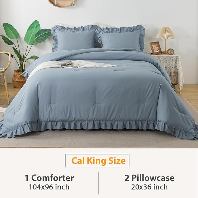 Andency California King Comforter Sets Grayish Blue (104x96Inch), 3 Pieces Cal King Ruffle Comforter, Oversized Farmhouse Shabby Chic Bed Comforter, Lightweight and Soft Microfiber Bedding Set