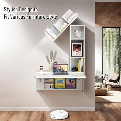 Folding Wall Mounted Drop Leaf Table, Foldable Desk with Moveable Cabinets, Floating Laptop with Convertible Storage Shelves, Multifunctional Computer Workstation in Home for Space Saving