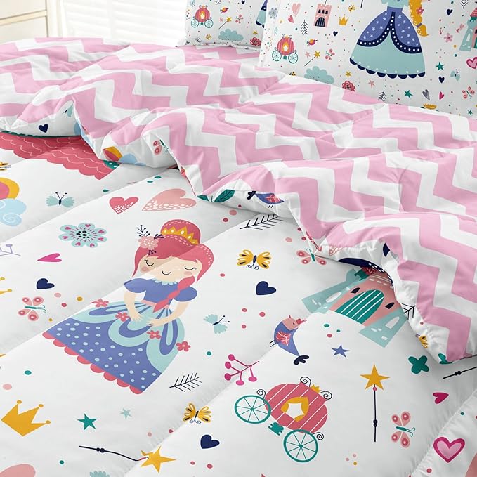 Girls Twin Bedding Sets, Kids Comforter Set for Teens w/Sheets and Pillowcase, Soft Reversible Cartoon Princess Bed in a Bag Sets