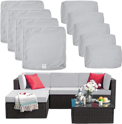 ClawsCover 9Pack Outdoor Seat and Back Cushion Replacement Covers Fit for 5 Pieces 4-Seater Wicker Rattan Furniture Patio Conversation Set Sectional Couch,Gray-Include Cover Only (Small)