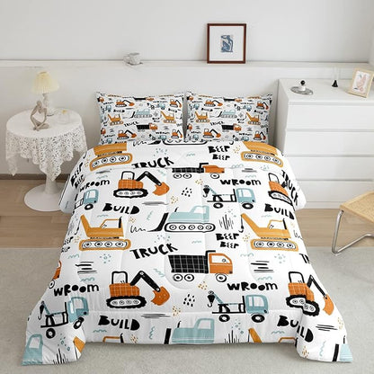 Feelyou Kids Cartoon Excavator Bedding Set Boys Vehicles Truck Car Comforter Child Cute Building Equipment Comforter Set Funny Construction Transport Duvet Set Colorful Room Decor Queen Size Boys