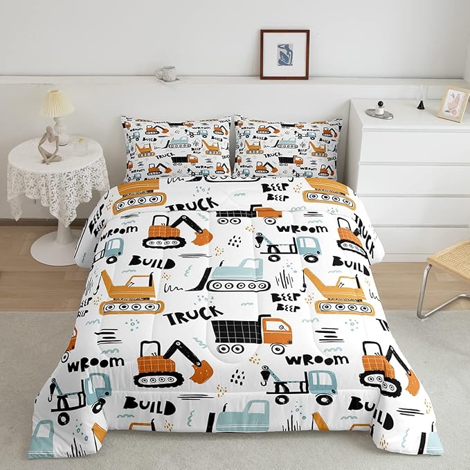 Feelyou Cartoon Car Kids Comforter Cute Excavator Tractor Comforter Set Boys Construction Bedding Set Vehicles Truck Cars Duvet Set Building Equipment Quilt Colorful Decor King Size 3Pcs Boys
