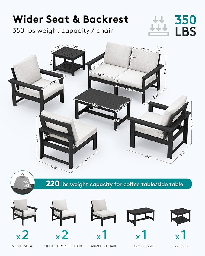 SERWALL HDPE Patio Coversation Set, 7-piece Outdoor Sectional Sofa Set, All Weather Patio Couch Set Patio Furniture for Balcony, Deck, Black Frame with Khaki Cushion