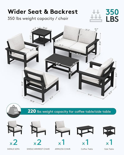 SERWALL HDPE Patio Coversation Set, 7-piece Outdoor Sectional Sofa Set, All Weather Patio Couch Set Patio Furniture for Balcony, Deck, Black Frame with Khaki Cushion