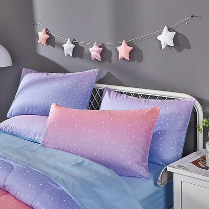 Rainbow Comforter Set for Teen Girls Women,Full/Queen Size 5 Piece Bed in A Bag,Metallic Printed Glitter Comforter and Sheets,Ultra Soft Microfiber All Season Bedding Set(Full/Queen,Blue)