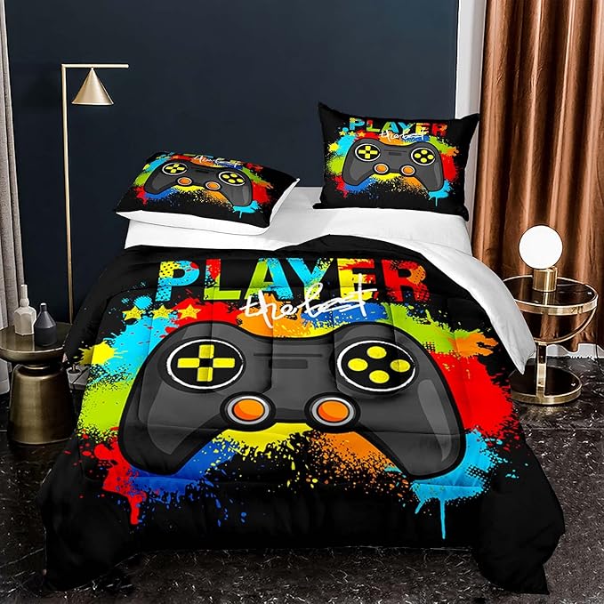 Game Console Comforter Set for Boys Colorful Graffiti Gaming Lightweight Microfiber Bedding Sets Modern Gamer Duvet for All Season Teens Bedroom Decor