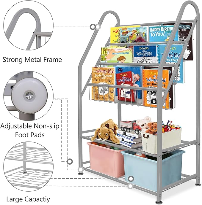 aboxoo Metal Kids Bookshelf Grey Toy Chests & Organizers Large Freestanding for Children Toy Chests & OrganizersRoom 25 in Toy Organizer Large Stable Bookcase Bookstore Library Bed Living Room