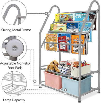 aboxoo Metal Kids Bookshelf Grey Toy Chests & Organizers Large Freestanding for Children Toy Chests & OrganizersRoom 25 in Toy Organizer Large Stable Bookcase Bookstore Library Bed Living Room