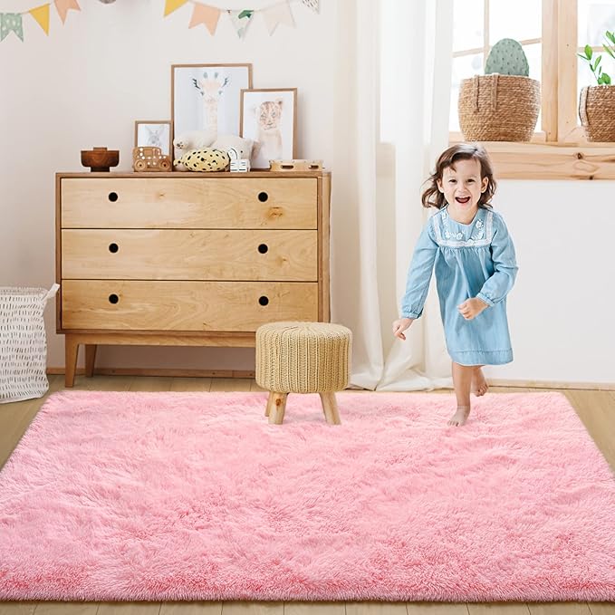 Super Soft Fluffy Shaggy Rugs 5x8 Feet for Living Room Bedroom, Fuzzy Plush Area Rugs for Girls Kids Room Nursery Home Decor, Furry Dorm Rug Cute Non-Slip Indoor Floor Carpet, Baby Pink