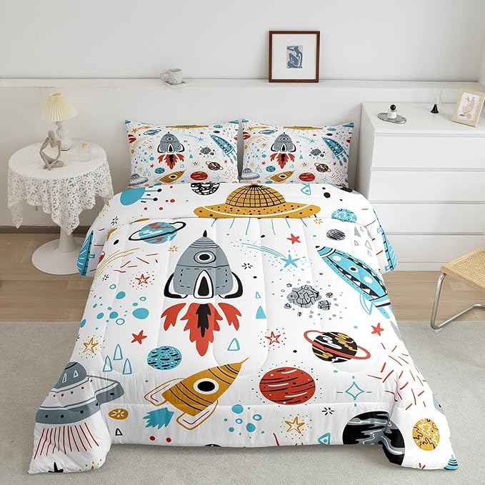 Erosebridal Outer Space Bedding Set King Size Kids Boys Space Ship Rocket Comforter Set Cartoon Universe Stars Planet Down Comforter Cosmos Meteorite Quilt Duvet Set with 2 Pillow Cases