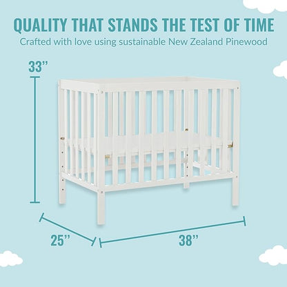 Edgewood 4-In-1 Convertible Mini Crib In White, JPMA Certified, Non-Toxic Finish, New Zealand Pinewood, With 3 Mattress Height Settings, Included 1" Mattress Pad