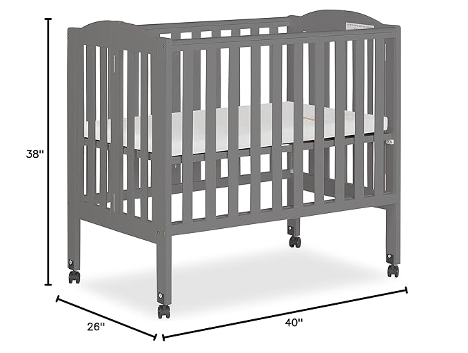 2-in-1 Portable Folding Stationary Side Crib in Storm Grey, Greenguard Gold Certified, Two Adjustable Mattress Height Positions,Made of Solid Pinewood, Flat Folding Crib