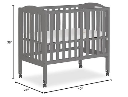 2-in-1 Portable Folding Stationary Side Crib in Storm Grey, Greenguard Gold Certified, Two Adjustable Mattress Height Positions,Made of Solid Pinewood, Flat Folding Crib