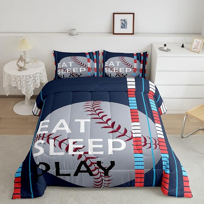 Feelyou Baseball Comforter Set Sports Game Bedding Set for Boys Girls Baseball Gaming Blue Stripe Comforter Gift for Baseball Softball Lover Room Decor Queen Size Quilt Boys