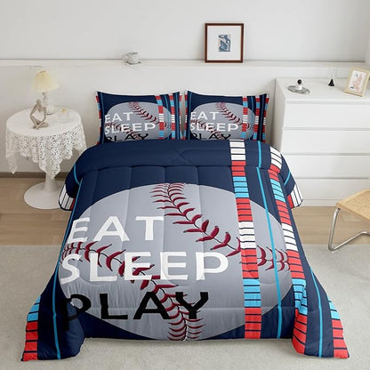 Baseball Comforter Set Sports Game Bedding Set for Boys Girls Baseball Gaming Blue Stripe Comforter Gift for Baseball Softball Lover Room Decor Full Size Quilt Boys