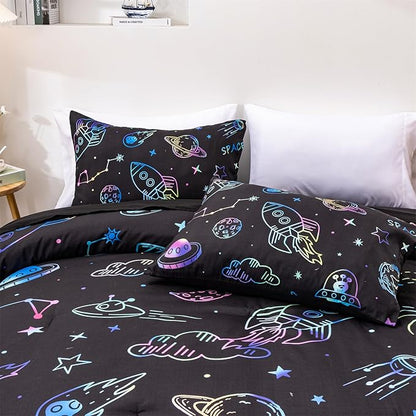 Aimuan Space Comforter Twin Set Kids Rocket Bedding Set Super Soft & Cute Aliens UFO Printed for Boys Girls Teen (Black, Twin 5Pcs)