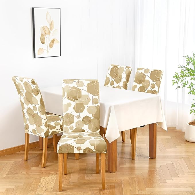Gibelle Dining Room Chair Covers Set of 4, Soft Stretch Kitchen Chair Covers Slipcover Protector, Removable Washable Geometric Parson Chair Covers 4 Pack, Parmesan