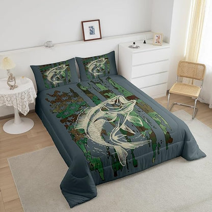 Feelyou Bass Fish Comforter Set King Size Green Camouflage Bedding Set for Fishing Lover Gifts Boys Girls Camo Pike Fish Fishing Comforter Wild Fisherman Bed Set Rustic Cabin Bedroom Decor