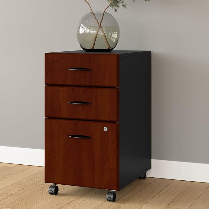 Bush Business Furniture Series A 3 Drawer Mobile File Cabinet in Hansen Cherry & Galaxy - Assembled, Rolling Document Storage for Home or Professional Office