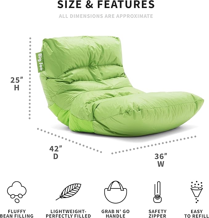 Big Joe Roma Bean Bag Chair, Spicy Lime Smartmax, Durable Polyester Nylon Blend, 3 feet