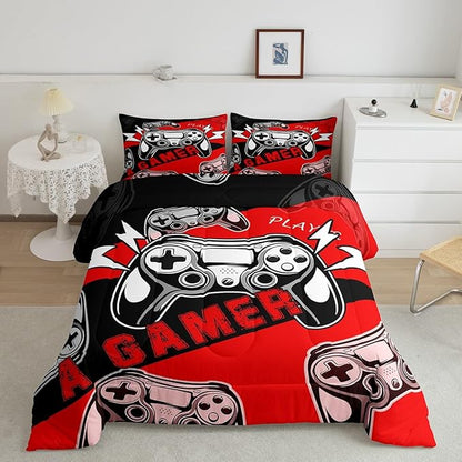 Erosebridal Gaming Comforter Sets for Boys Kids Gamer Comforter Set,Video Game Bedding Set Red Black Gamepad Quilt Duvet Set Men Boys Bedroom Decor,King Size 3Pcs