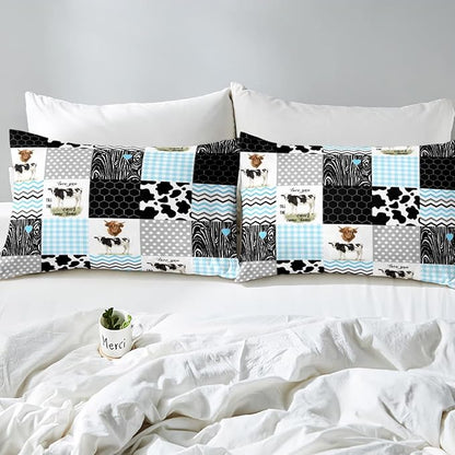 Erosebridal Kawaii Cow Print Comforter Set - Full Size, Blue Black Grey, 3 Pieces