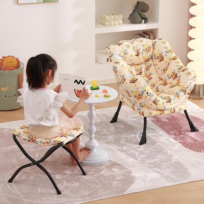 Welnow Toddler Kids Lazy Chair with Ottoman, Glow in The Dark Accent Comfy Lounge Children Armchair Couch with Removable Cover, Detachable Reading Chair with Footrest for Boy or Girl, Bees