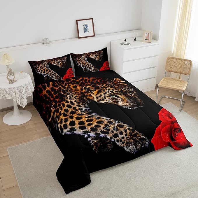 Erosebridal Leopard Comforter Set King Size,Red Rose Cheetah Bedding Set,Cat Leopard Print Down Comforter, Romantic Floral Quilted Duvet, Safari Animal Quilt Set, Stylish Bedroom Decor, Black